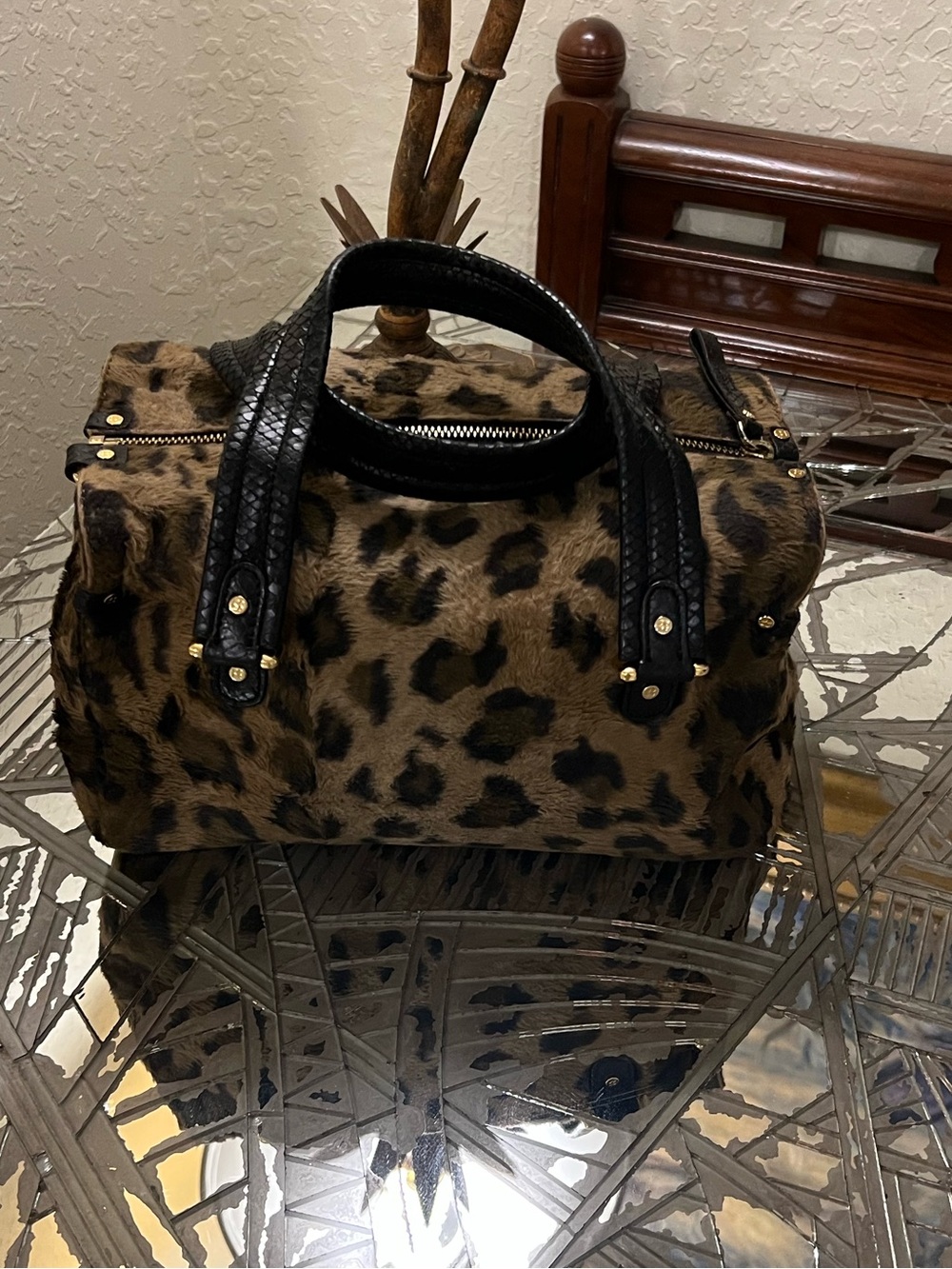 Rare Kate Spade Leopard Print Satchel Handbag with Black Accents
